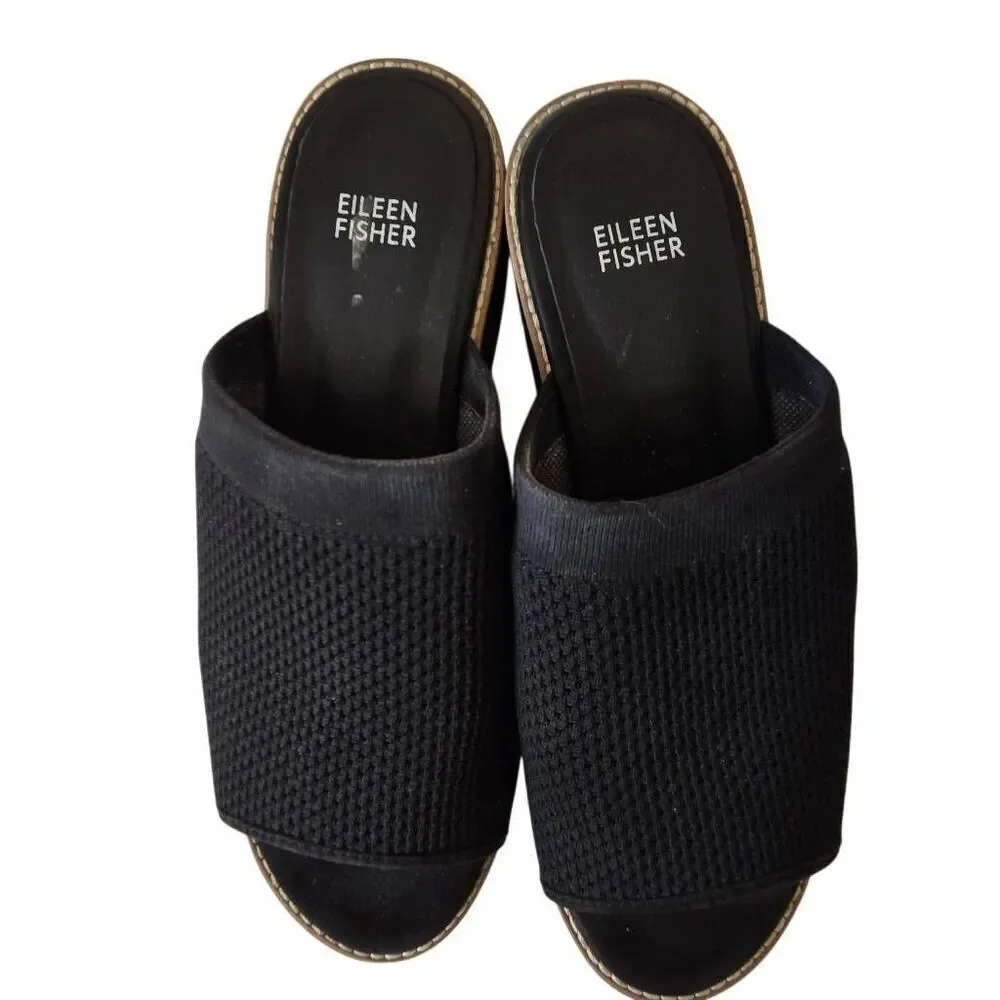 Eileen Fisher Telly Recycled Stretch Knit Black Wedge Sandal Size 8.5